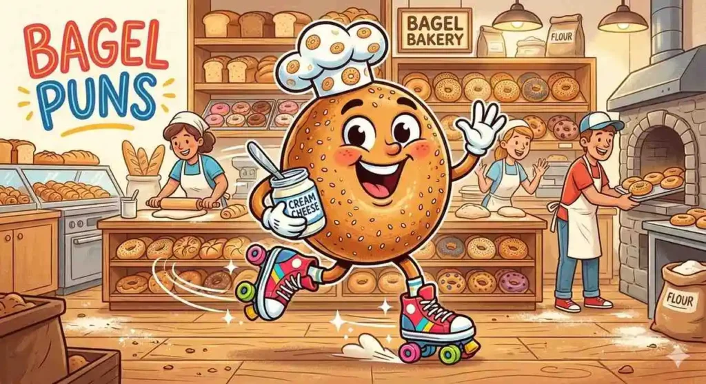 Happy cartoon bagel in bakery