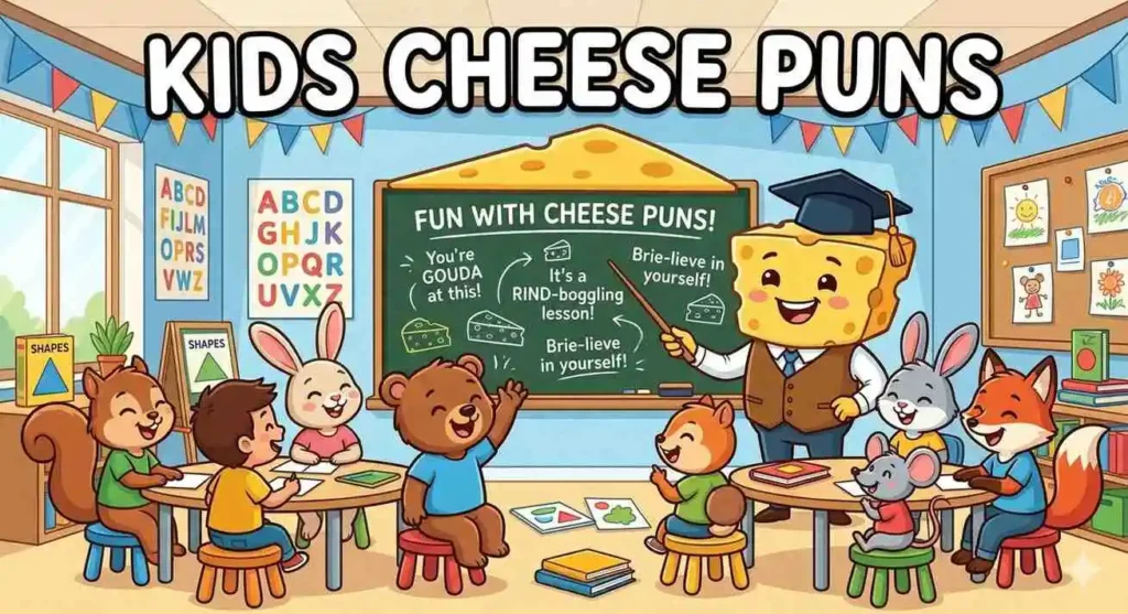 Cute cheese character with children