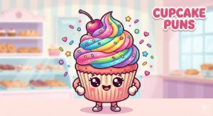 Smiling cupcake covered in colorful frosting.