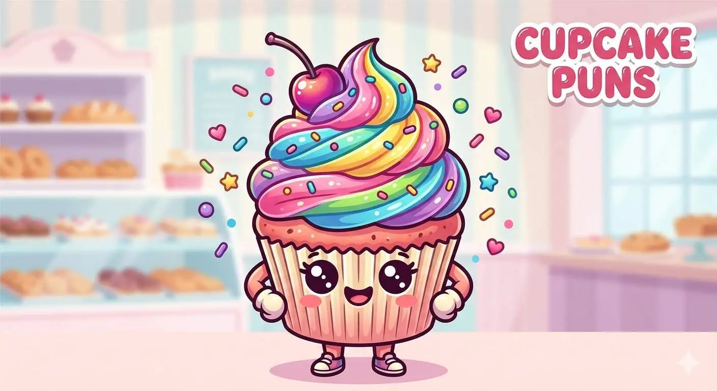 Smiling cupcake covered in colorful frosting.