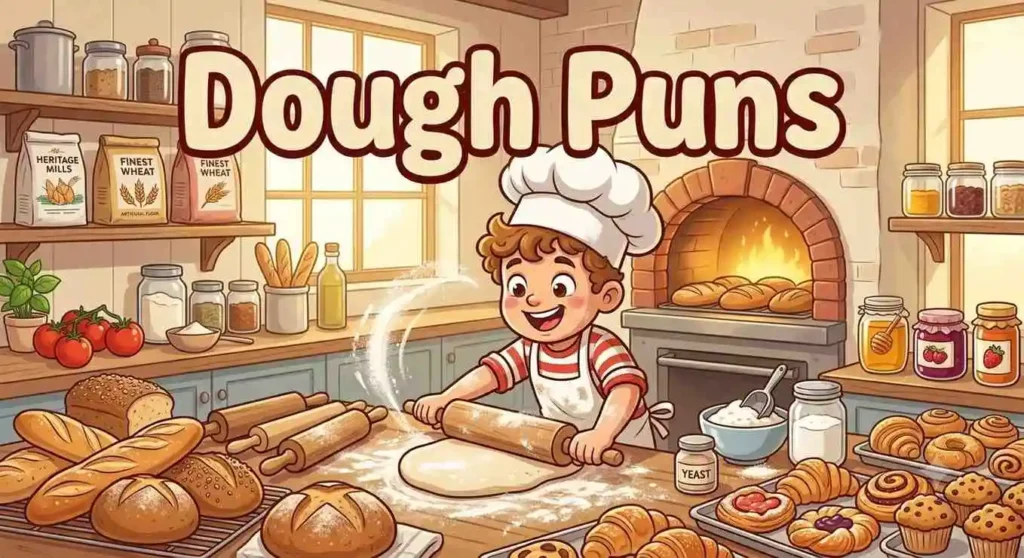 Happy dough character baking bread.