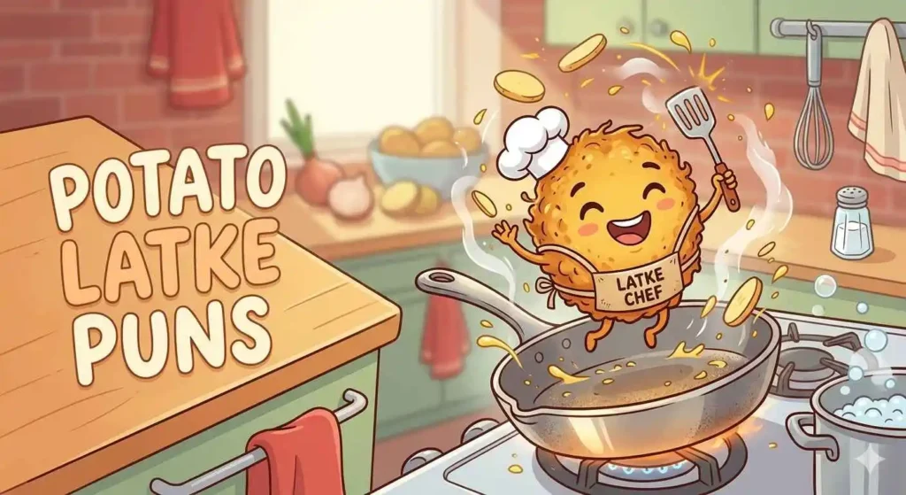 Cartoon latke cooking in kitchen