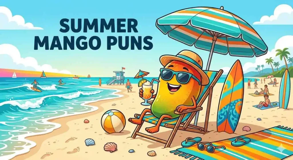 Cartoon mango relaxing on beach