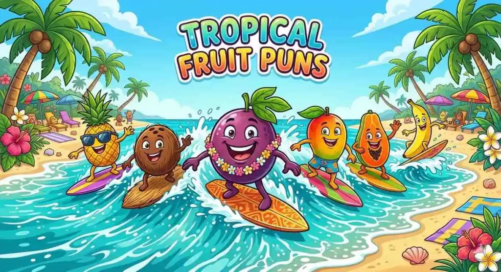 Tropical fruits enjoying beach day