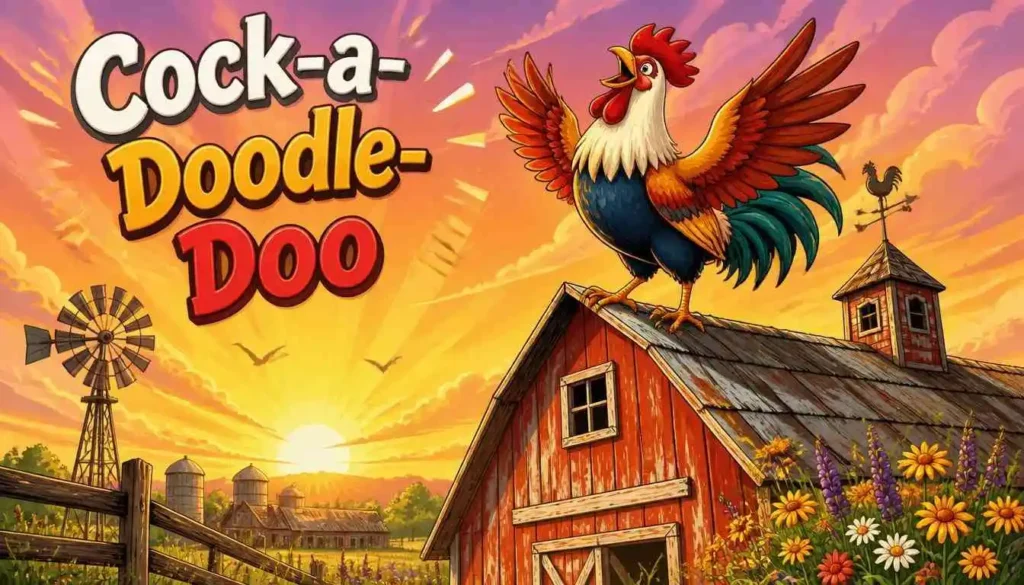 Crowing rooster at sunrise