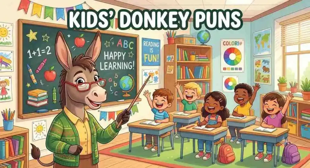 Happy donkey teaching children.