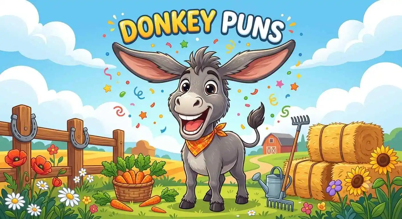 Smiling cartoon donkey making funny faces.
