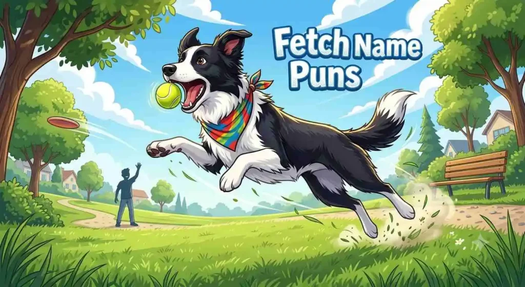 Dog playing fetch with funny theme