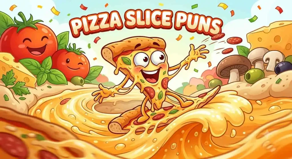 Happy pizza slice telling jokes