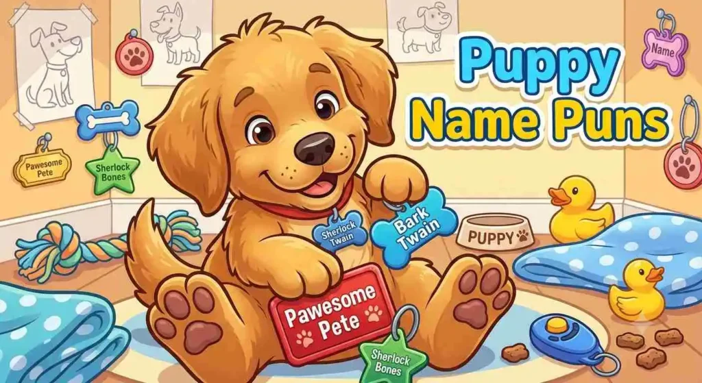Cute puppy with funny name theme