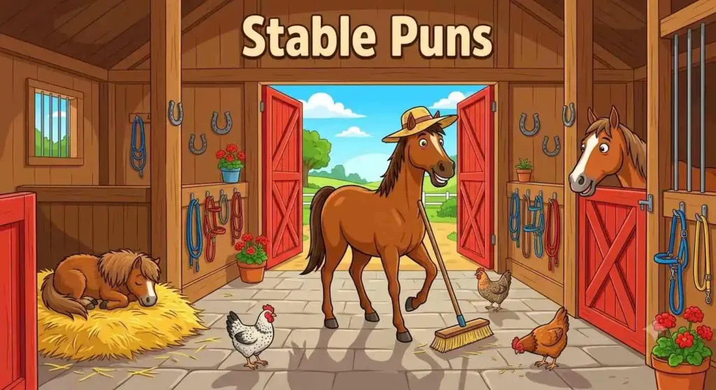 Busy horse stable scene
