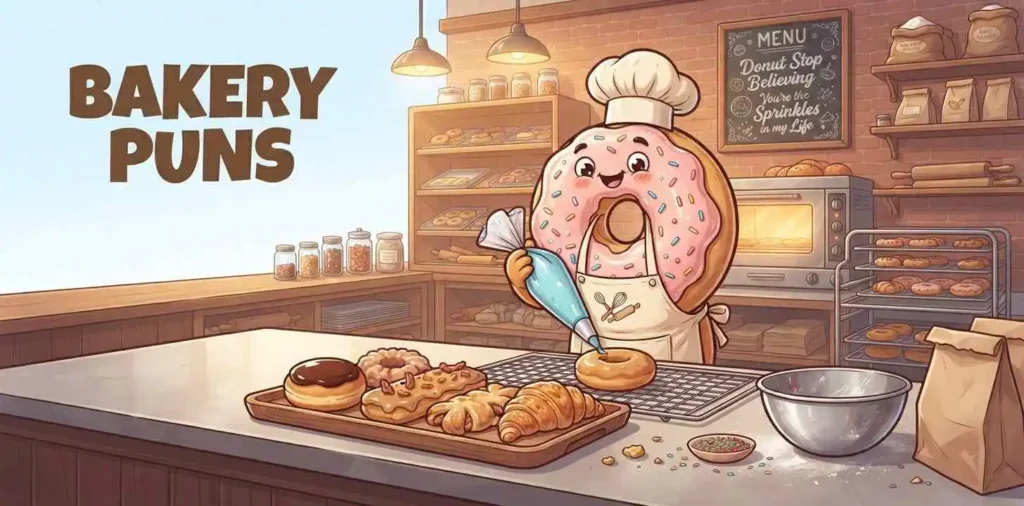 Funny cartoon donut in bakery