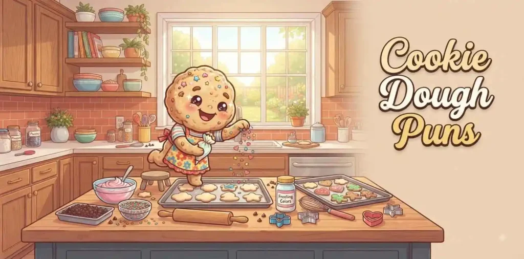 Funny cookie dough character making cookies