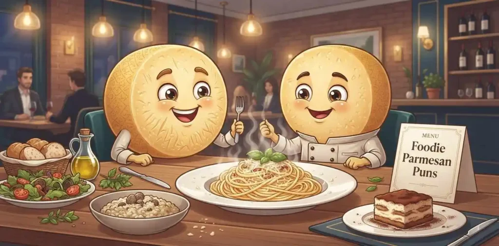 Parmesan character enjoying gourmet food