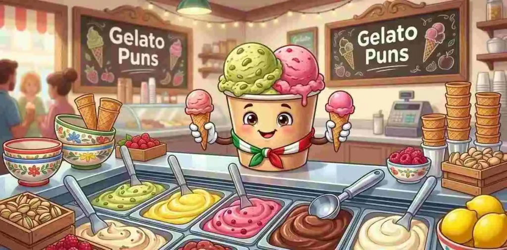 Cute gelato character serving scoops