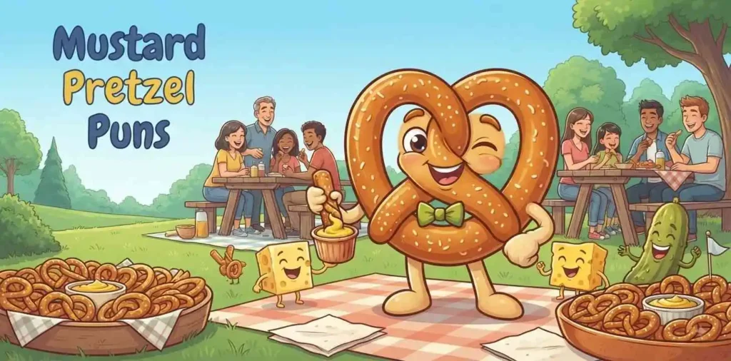 Pretzel character with mustard dip