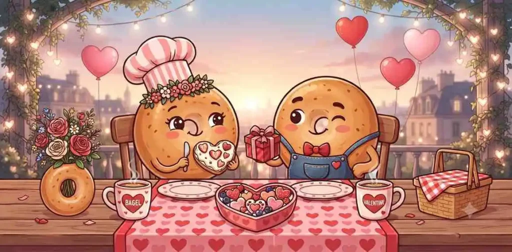 Romantic Valentine bagel character scene