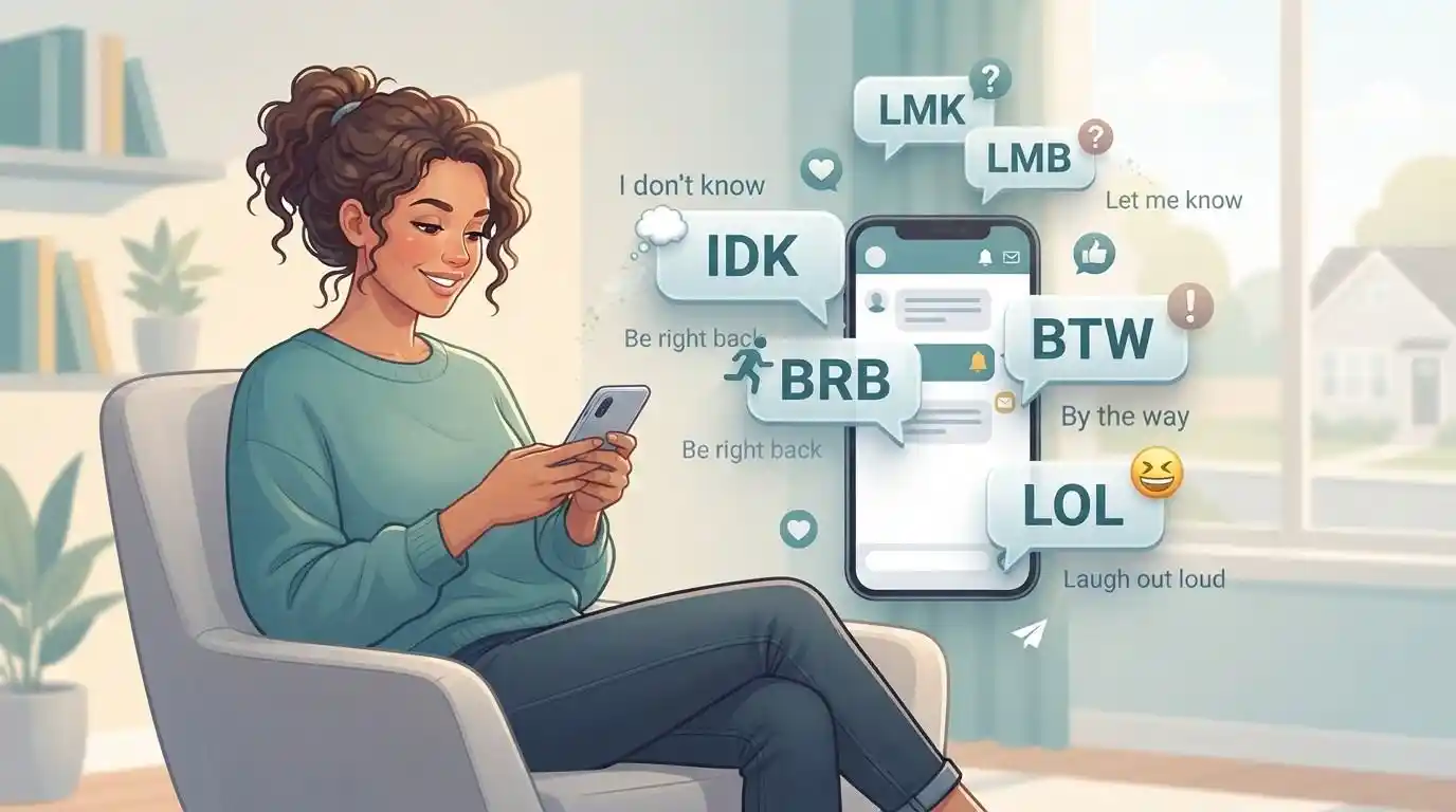 Adult using a smartphone with common conversation abbreviations such as IDK, BRB, BTW, LOL, and LMK