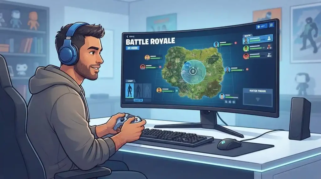 Adult gamer viewing a fictional Battle Royale game mode labeled BR.