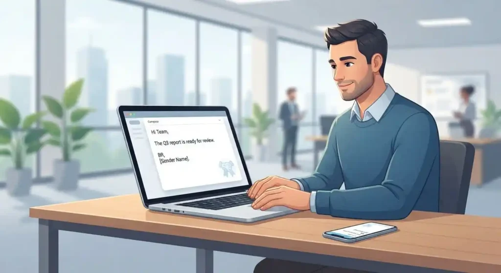 Professional email illustration showing BR used as a Best Regards sign-off.