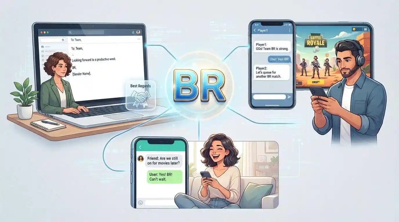 Illustration showing BR used in professional email, gaming, and casual chat contexts.