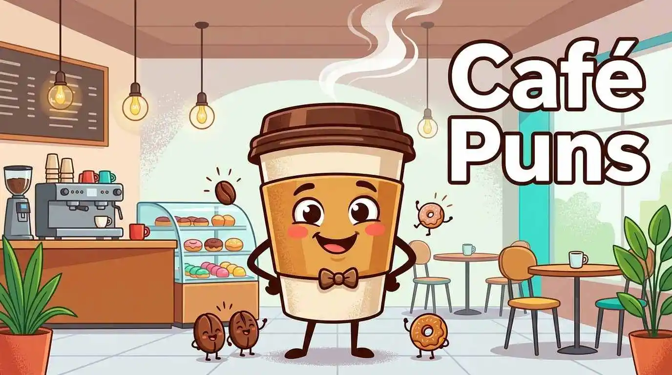 Funny cartoon coffee cup inside café