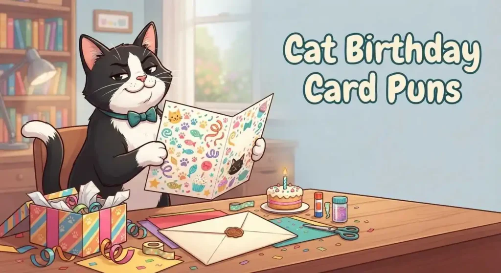 Cat holding funny birthday card