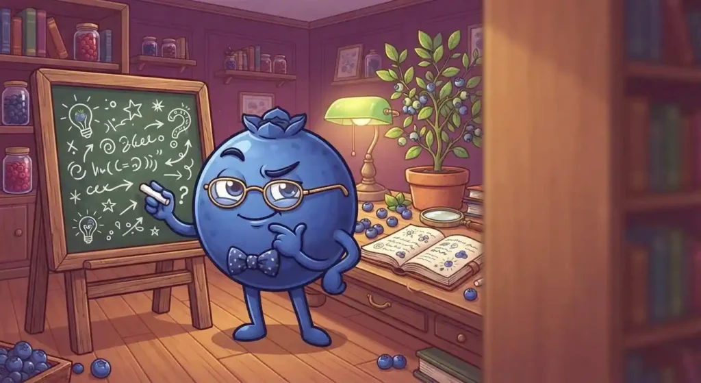 Clever blueberry with playful expression