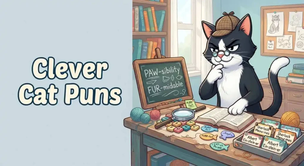 Clever cat surrounded by playful name clues