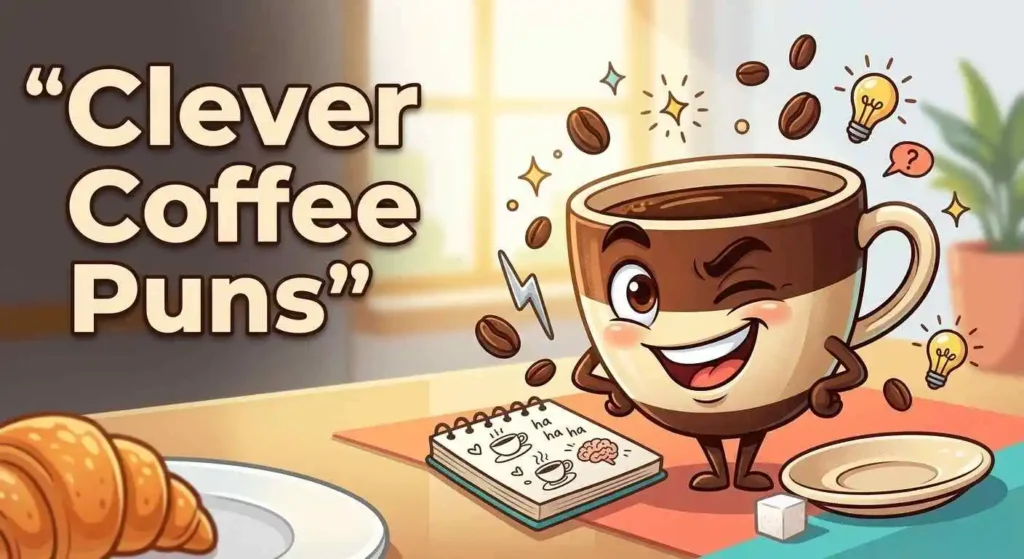 Clever coffee character with pun props