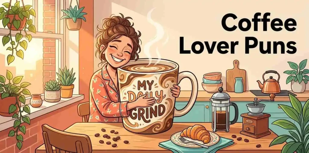 Happy coffee lover hugging giant mug
