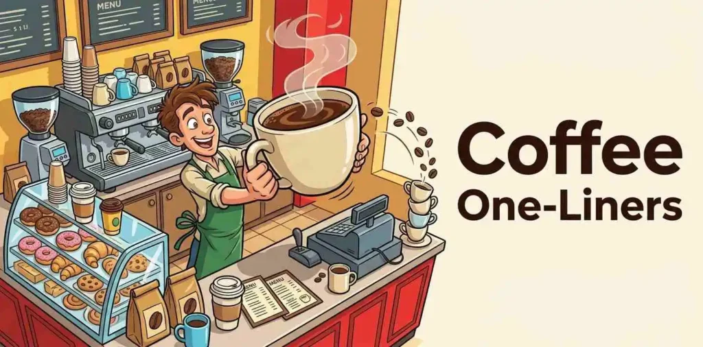 Funny cartoon barista serving coffee