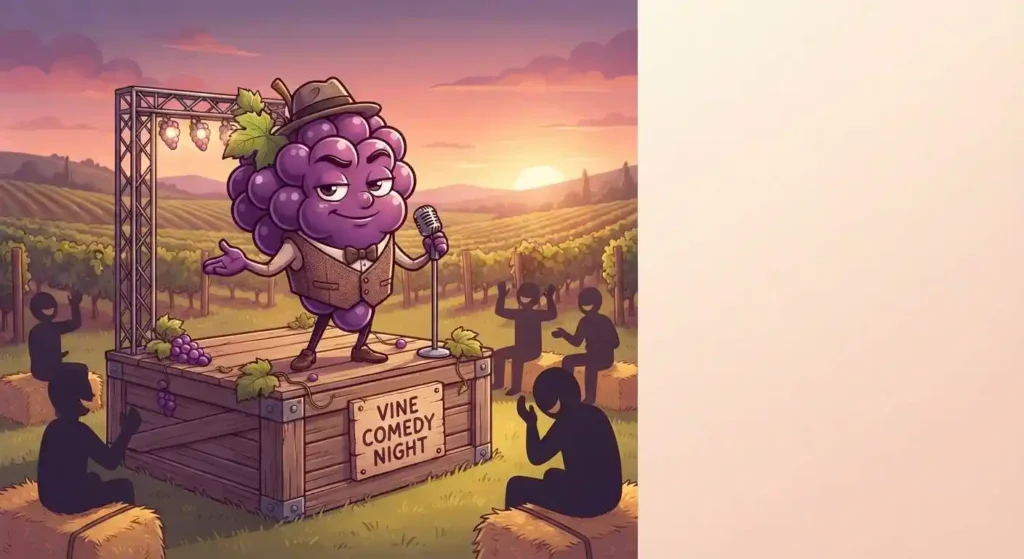 Funny grape character telling jokes