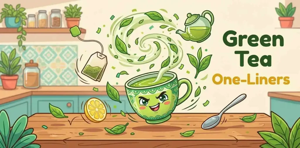 Playful green tea cup with leaves
