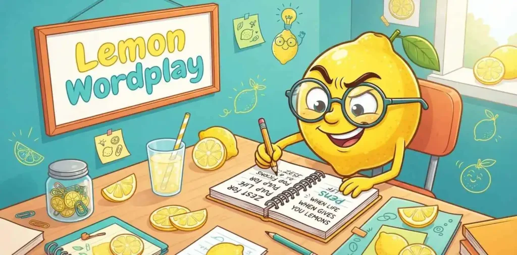 Clever cartoon lemon wordplay scene