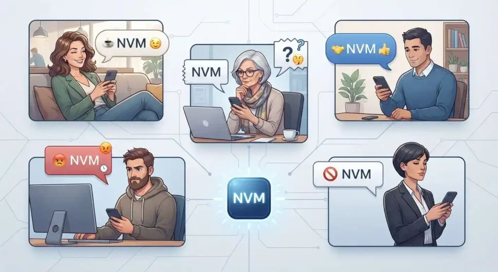 Different adult reactions showing how NVM can sound casual, reassuring, playful, frustrated, or dismissive.