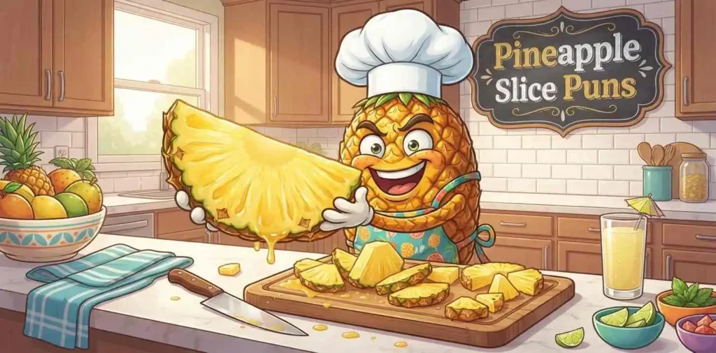Funny pineapple slices in kitchen