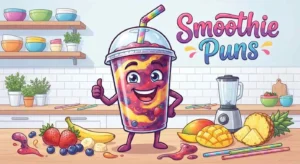 Funny cartoon smoothie with fruit