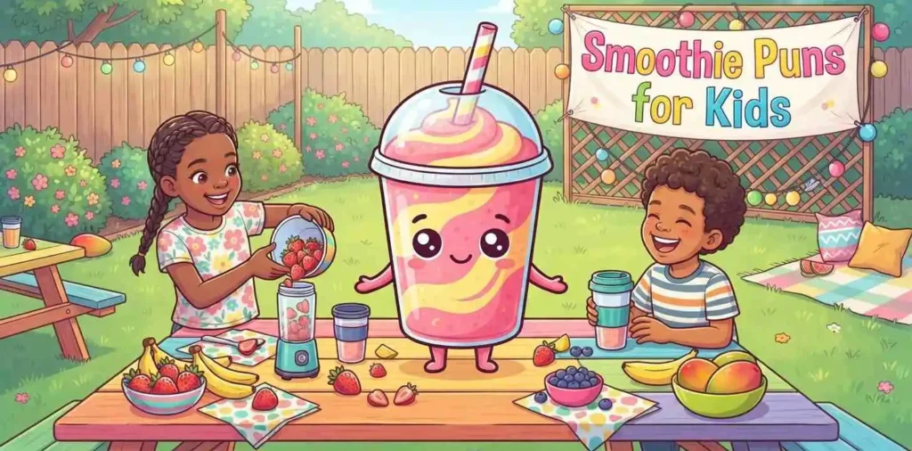 Kids enjoying funny fruit smoothies