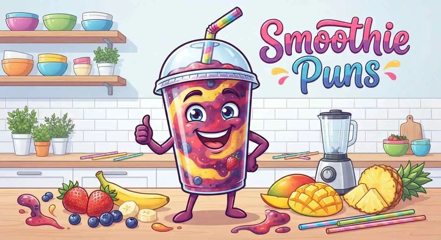 Funny cartoon smoothie with fruit