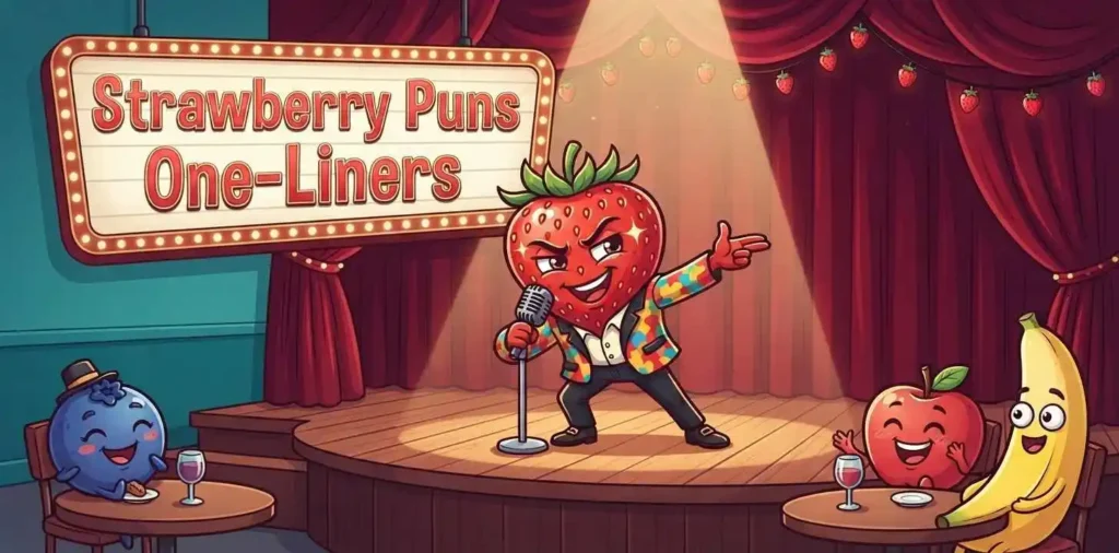 Funny strawberry character at comedy stage