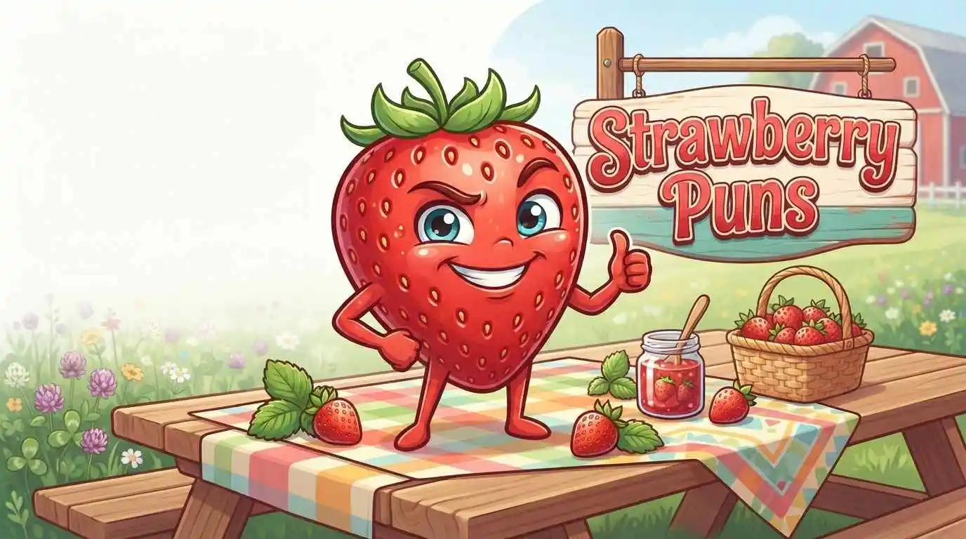 Cute strawberry character making puns