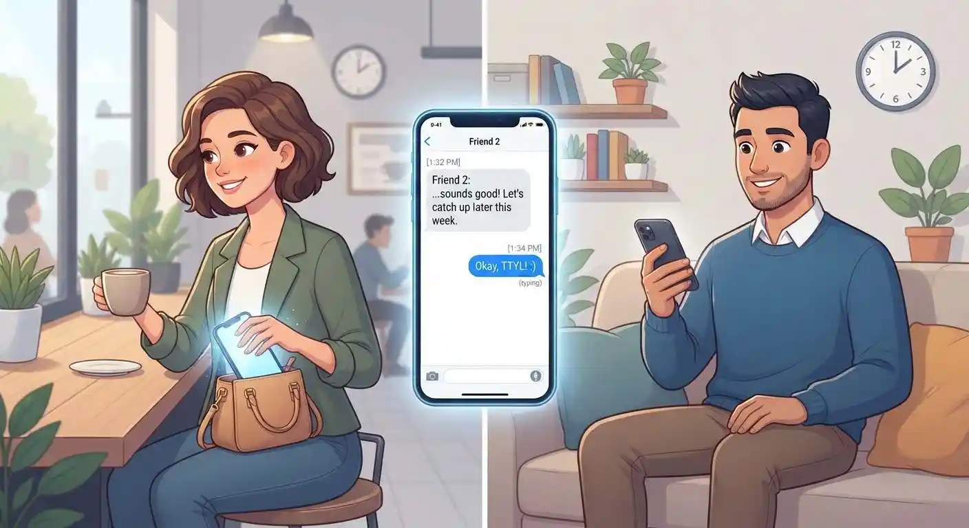 Two adults ending a casual chat on their phones while planning to talk later