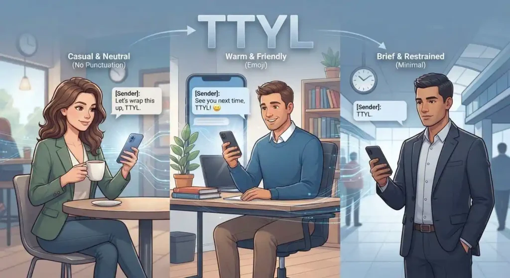 Different TTYL messages showing casual, friendly, and neutral conversational tones
