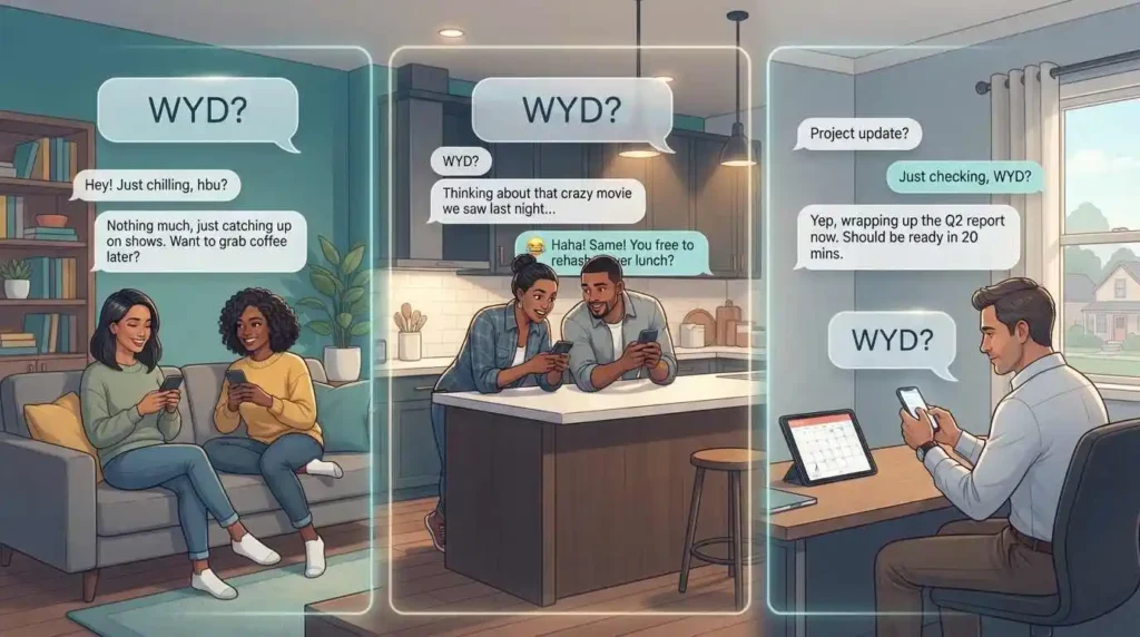 The abbreviation WYD used in different everyday conversation contexts between adults
